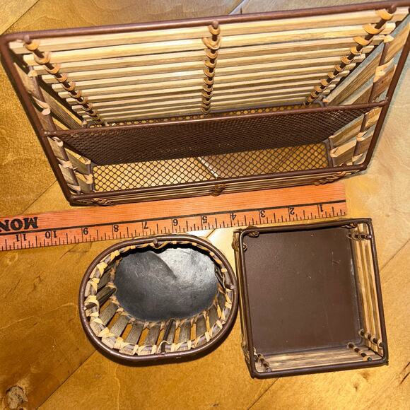 Vintage set of woven bamboo desktop organizers pen cup sticky note mail - Picture 10 of 10